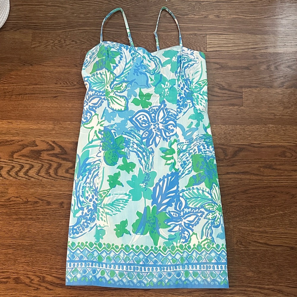 Lily Pulitzer Floral Spaghetti Strap Sundress in Aqua & Green with tie back